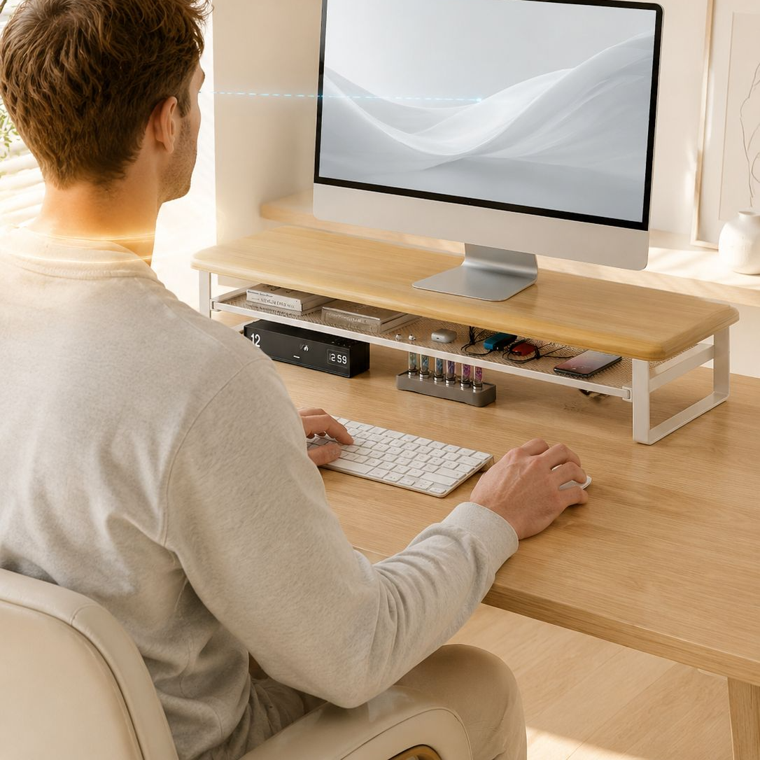 50/70/100 cm breiter Monitorständer mit Schublade, doppelstöckig, verschiebbares Tastaturfach