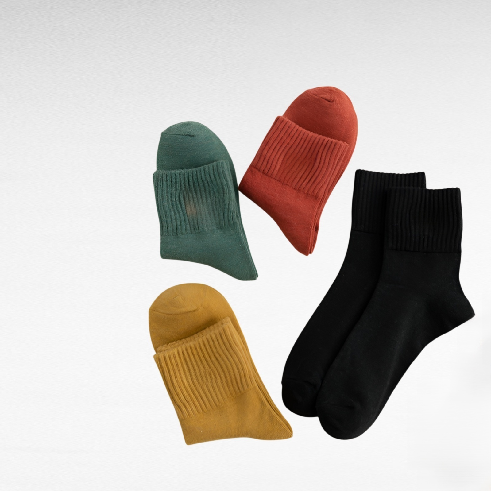 秋用レディースミドル丈ソックス・純色・スマイル刺繍・吸汗防臭