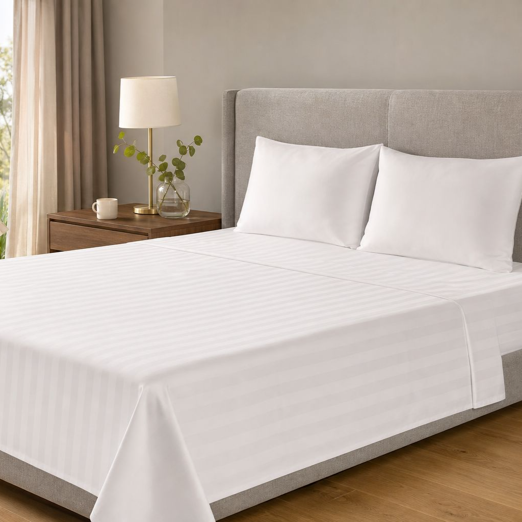 1800TC Satin Stripe White Flat Bed Sheets – Premium Hotel Collection