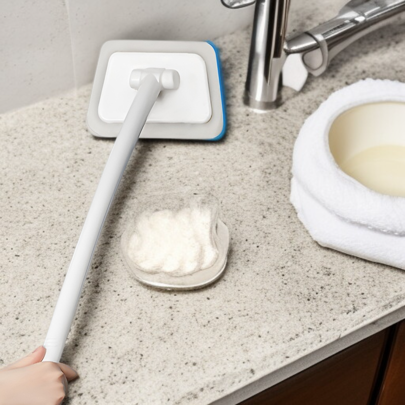 交換可能な多機能クリーニングブラシ ハンドヘルドバスタブブラシ 長柄台形スポンジクリーニングツール 便利なタイル床掃除ブラシ