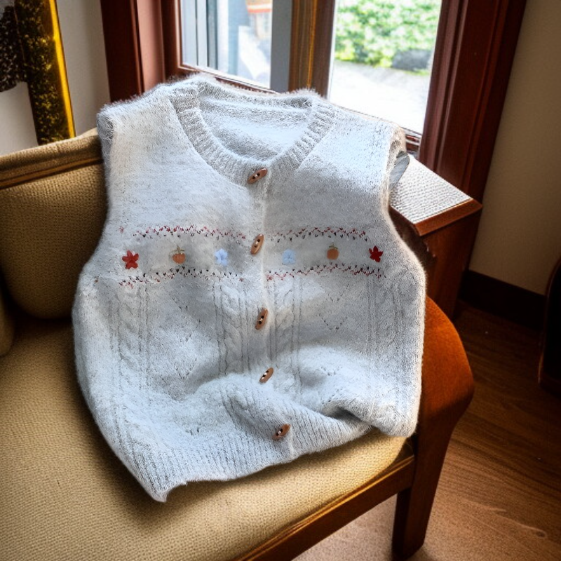 レトロなニットベスト、ハンドメイドの花柄セーター、ラウンドネック、重ね着、スイートなジャカードベスト、多用途でトレンディ。