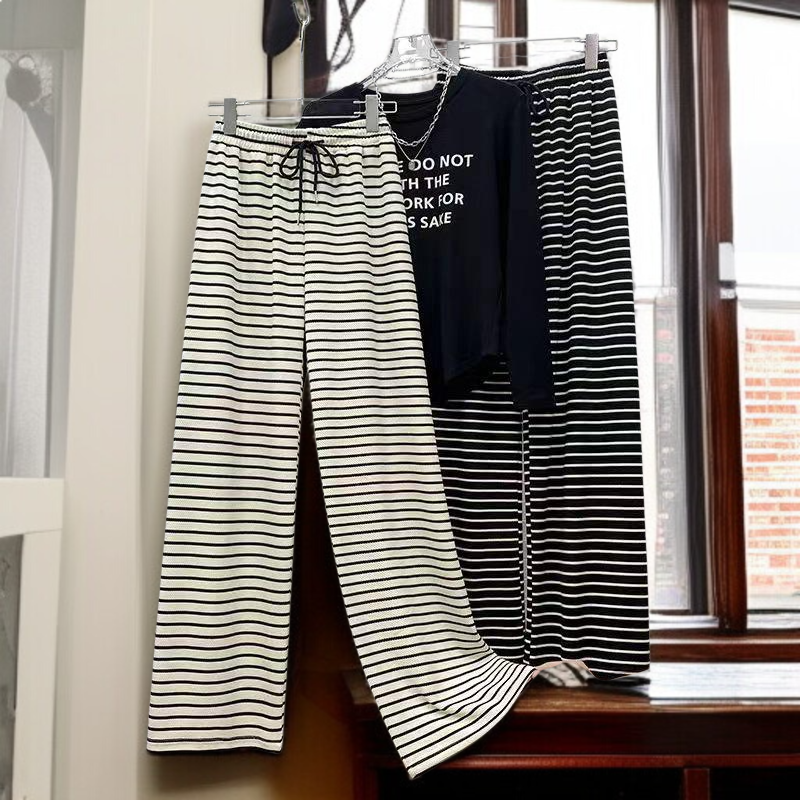 와이드 하이웨스트 슬랙스  와이드 팬츠 여 캐주얼 팬츠 봄 블랙 화이트 스트라이프 와이드 팬츠
