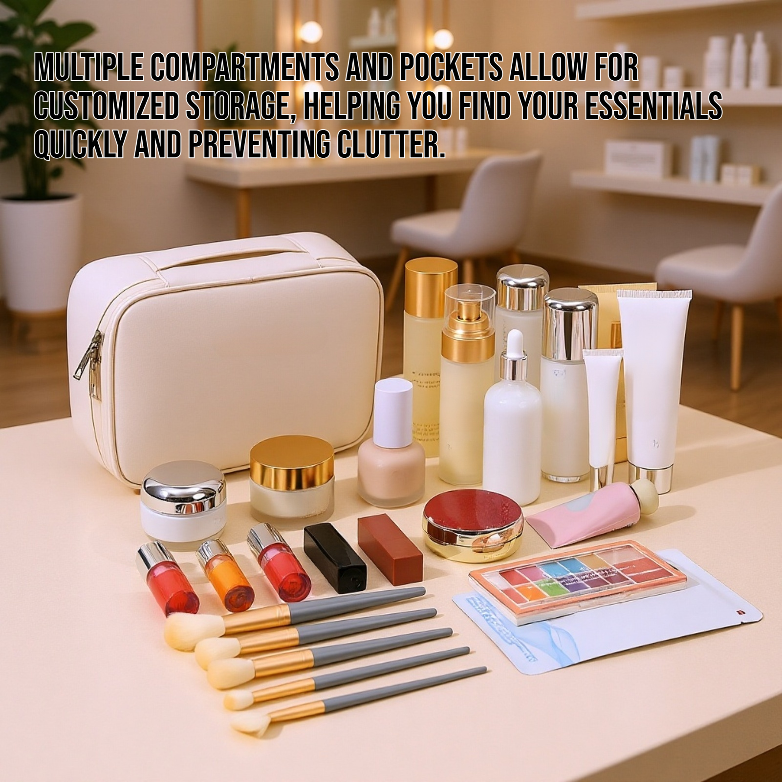 Large capacity portable cosmetic storage bag front view