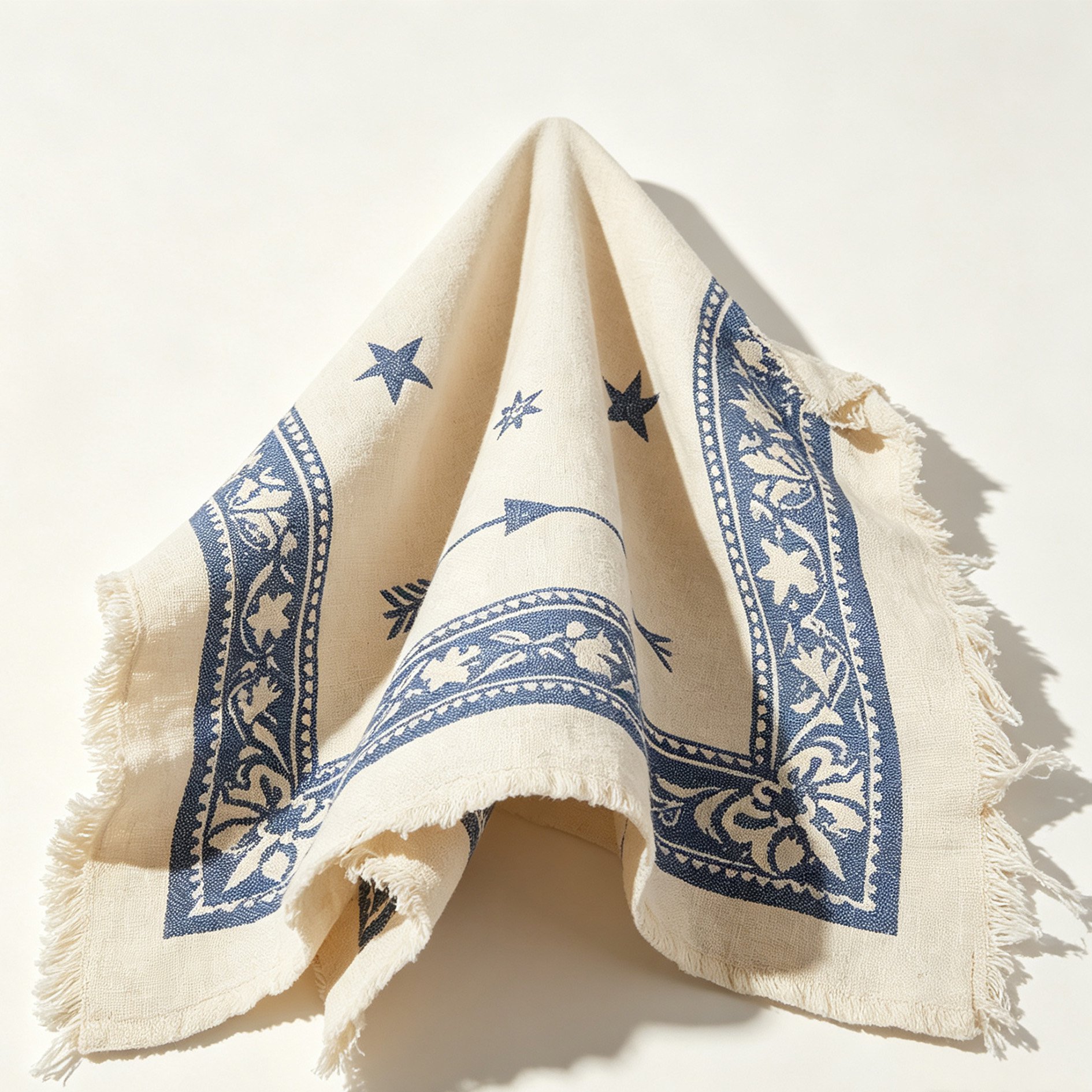 Close-up of blue printed pattern on tea towel