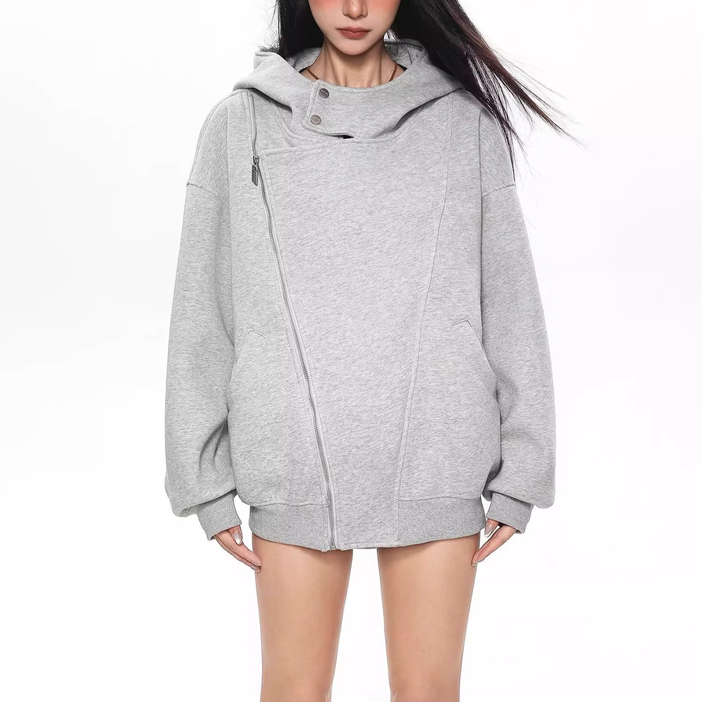 美式慵懒風雙拉鏈連帽衛衣