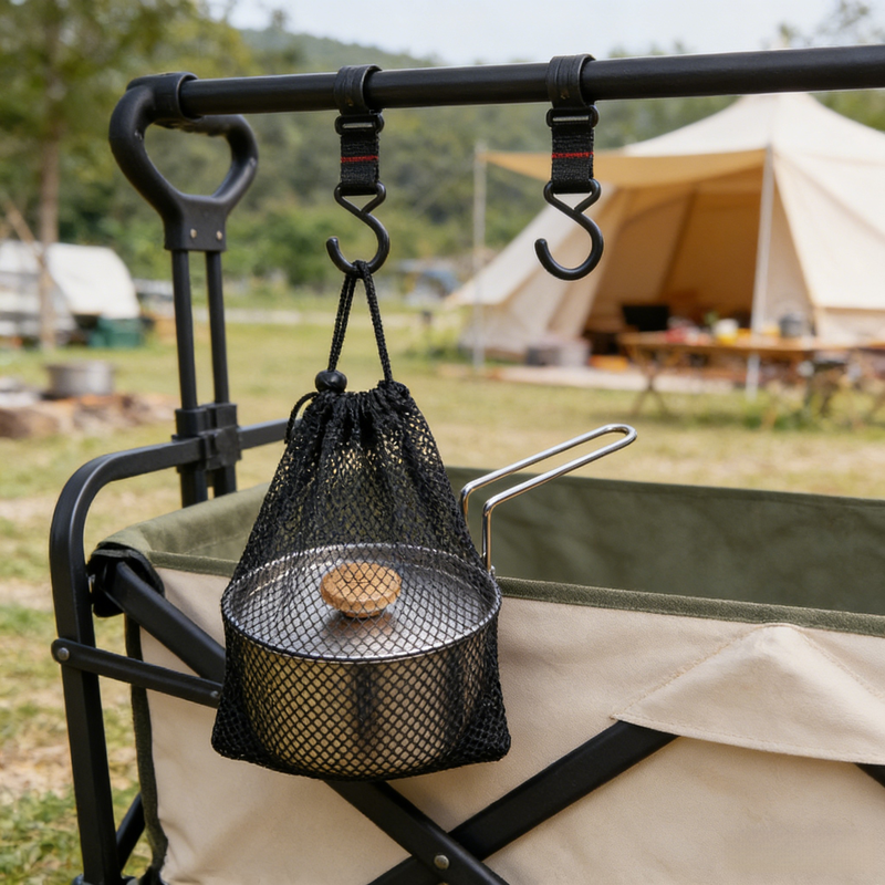 携帯用ステンレスキャンプケトル、蓋と折りたたみハンドル付き、アウトドアクッキング用