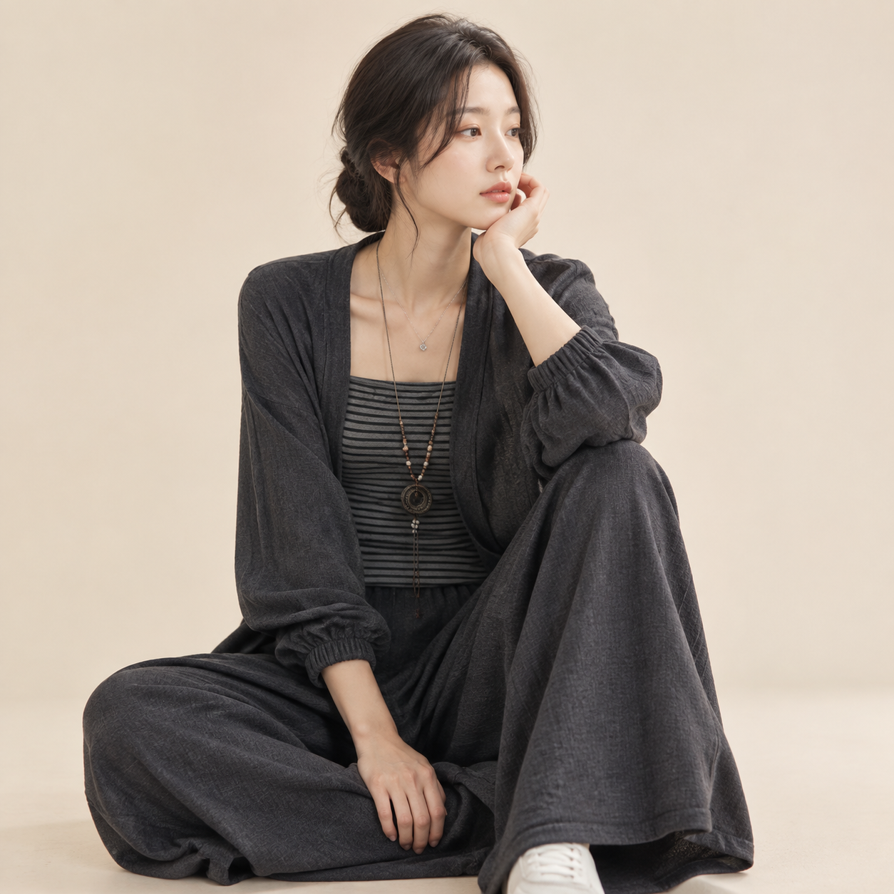 봄가을 여성용 스트라이프 나시 가디건 와이드팬츠 3종 세트