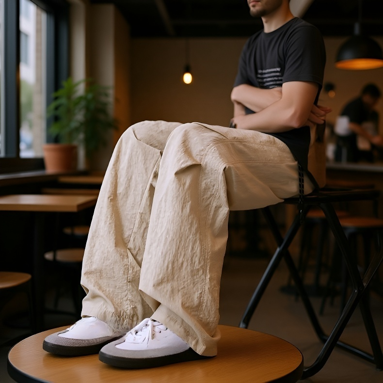 트렌디 우산 팬츠를 착용한 남성 모델