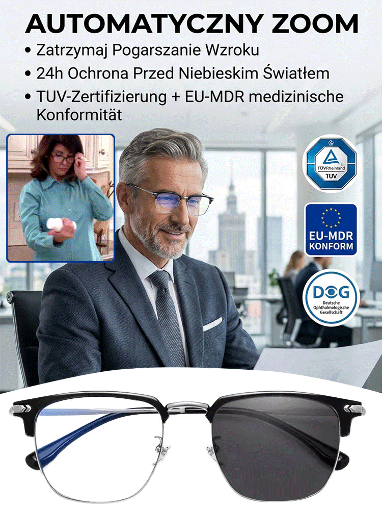 Automatyczne okulary do czytania z funkcją zoomu i filtrem światła niebieskiego