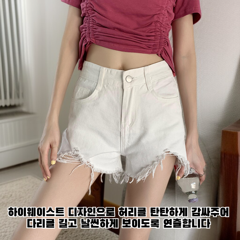 여름 하이웨이스트 찢어진 데님 와이드 반바지, 루즈핏, 슬림해 보이는 A라인