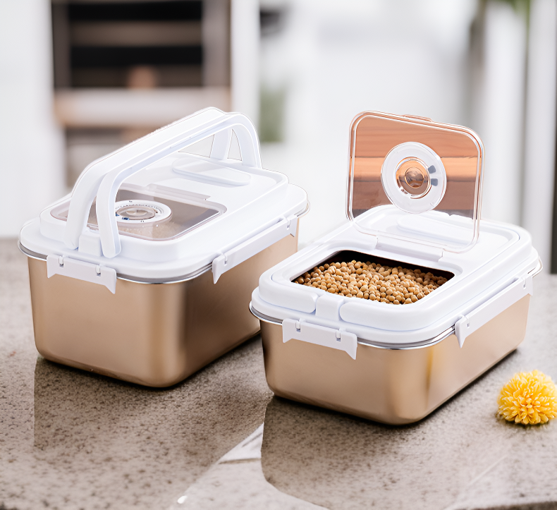 Rice bucket used for bulk grain storage in pantry