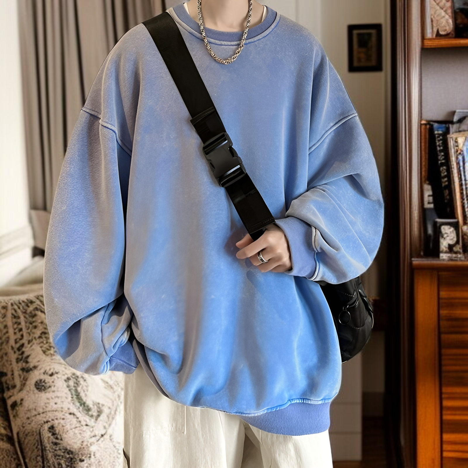 春と秋に着るメンズのタイダイ染めラウンドネックスウェットシャツ、ウォッシュ加工とダメージ加工を施したアメリカンレトロスウェットシャツ、ヘビーウェイトジャケット、トレンドブランド、長袖オーバーサイズスウ