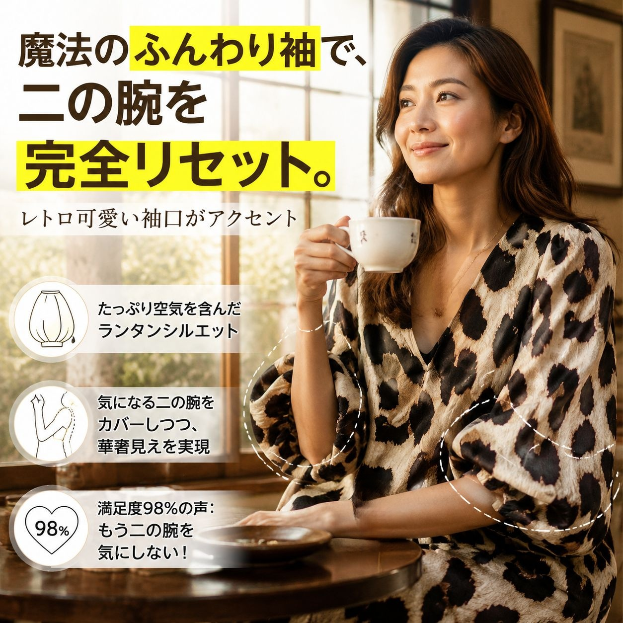 レオパード柄Vネックゆったりランタン袖ワンピース春秋モデル