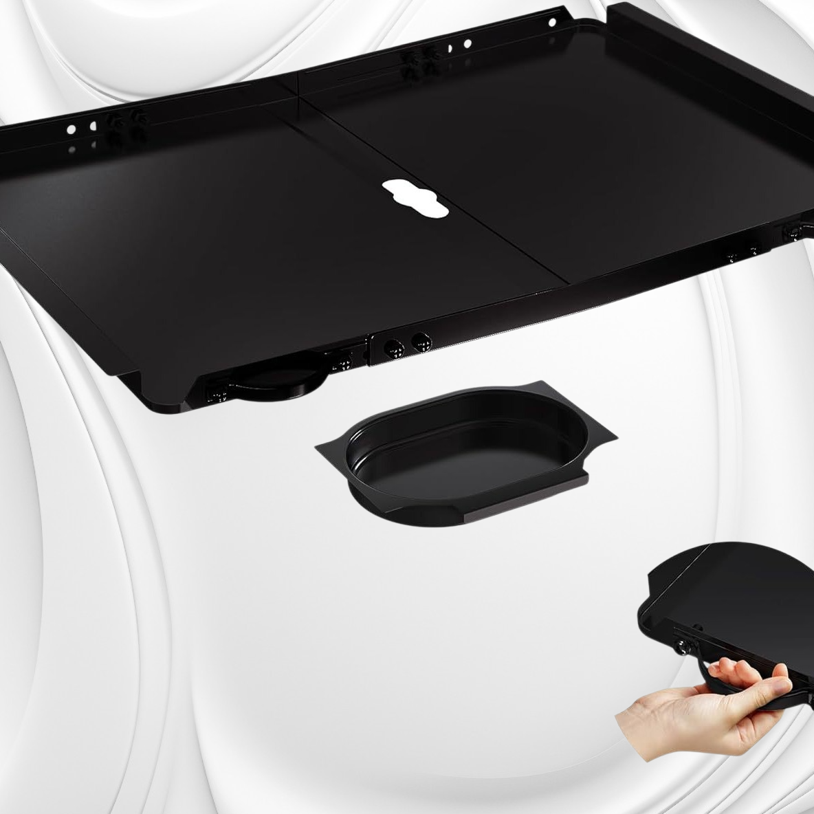 BBQ grease tray with pan catcher, replacement BBQ grease tray, universal adjustable black BBQ tray.