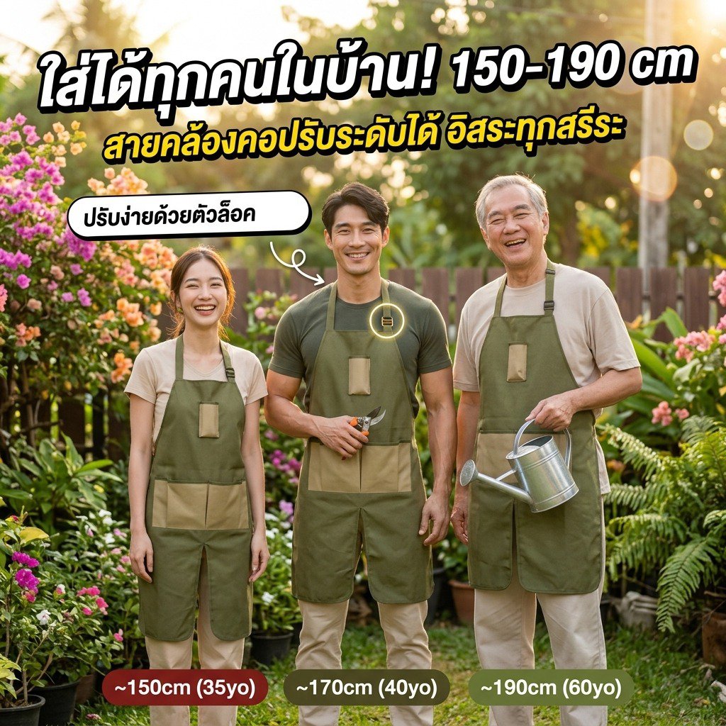 ผ้ากันเปื้อนทำสวนอเนกประสงค์ ผ้าอ็อกซ์ฟอร์ด มีกระเป๋าหลายช่อง ขยายยาว ปกป้องขา