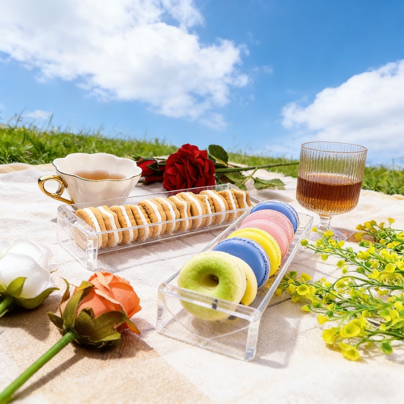 صينية عرض مستطيلة من الأكريليك للطعام والحلويات والفواكه والبسكويت
