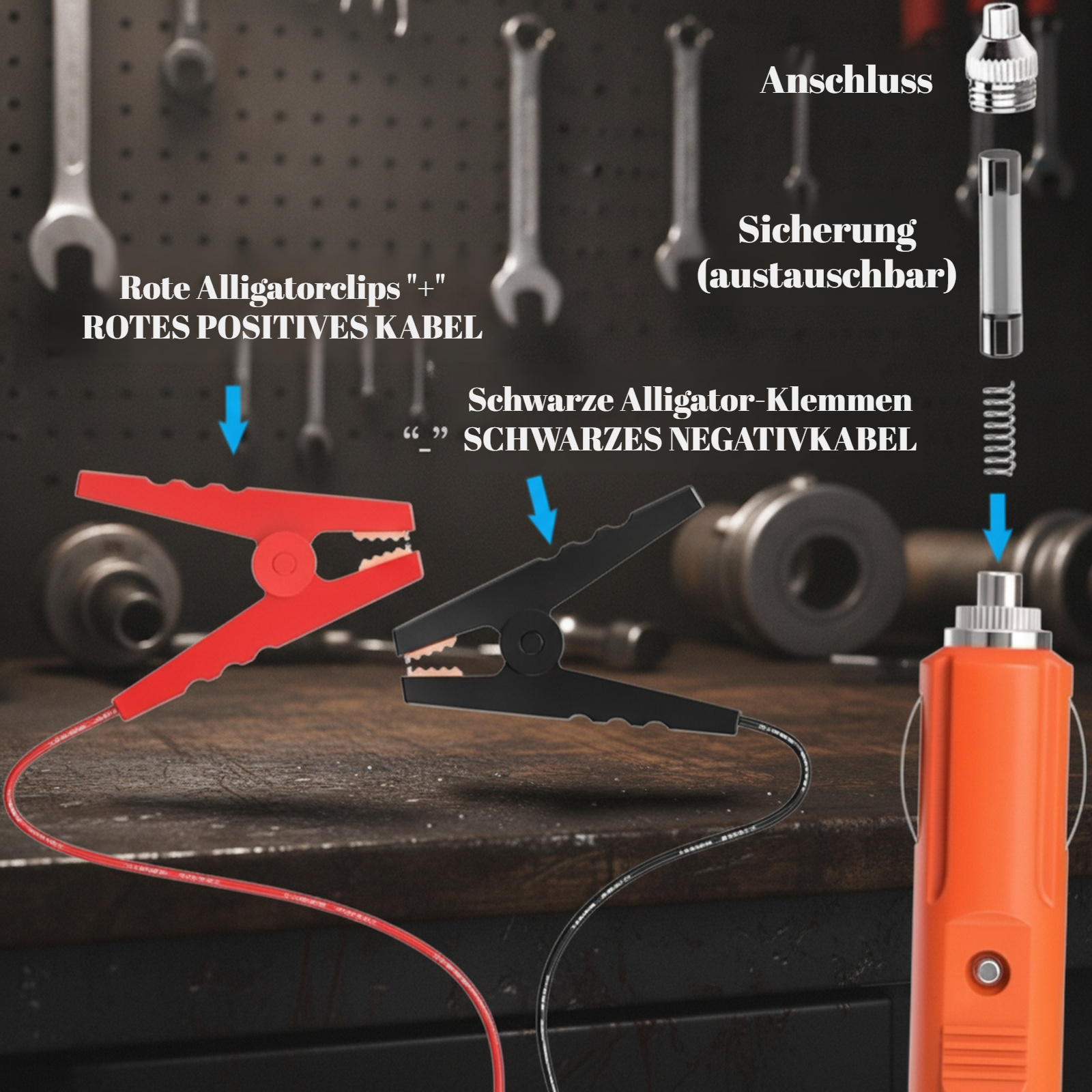 Flexible Batterieladung für Autos mit Krokodilklemmen