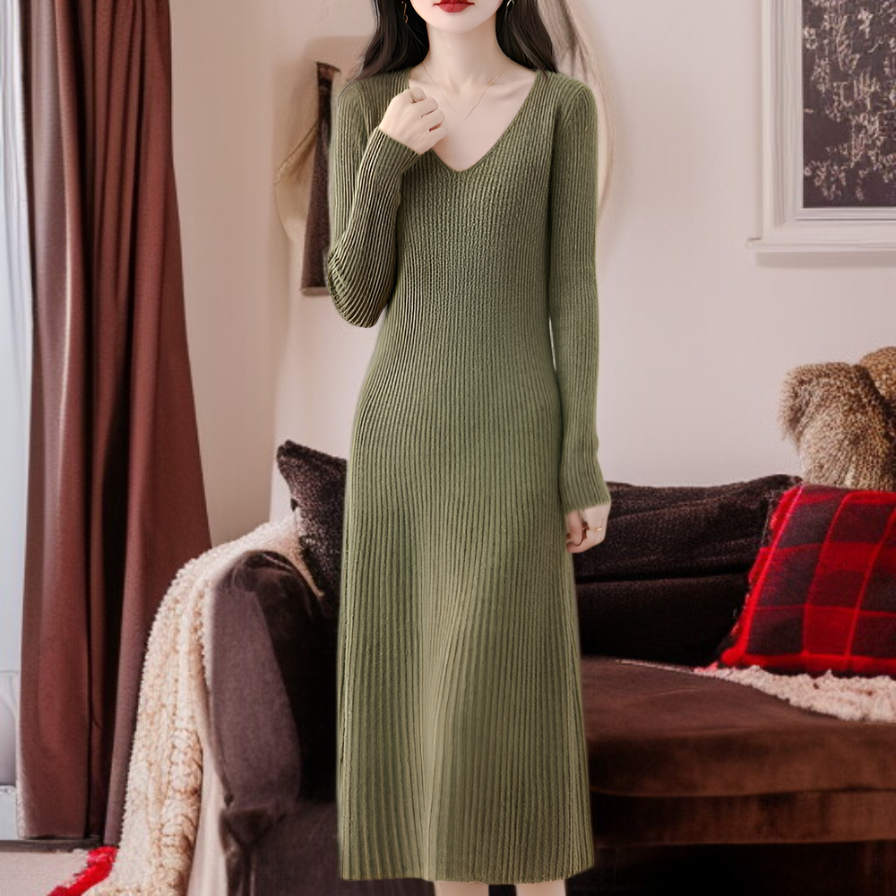 【Brelia-jp】2025年秋冬 Vネックニットワンピース レディース エレガントで着痩せ効果抜群 無地ロングワンピース コートとの重ね着にも