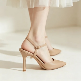 Elegante nudefarbene Sandalen mit zierlichen Stilettoabsätzen, neue Damenschuhe für Frühjahr 2025.