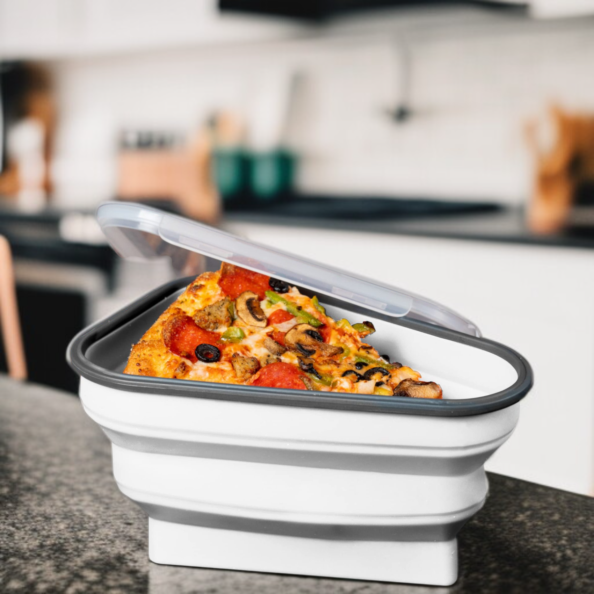 Platzsparende Pizzabox aus flexiblem Silikon