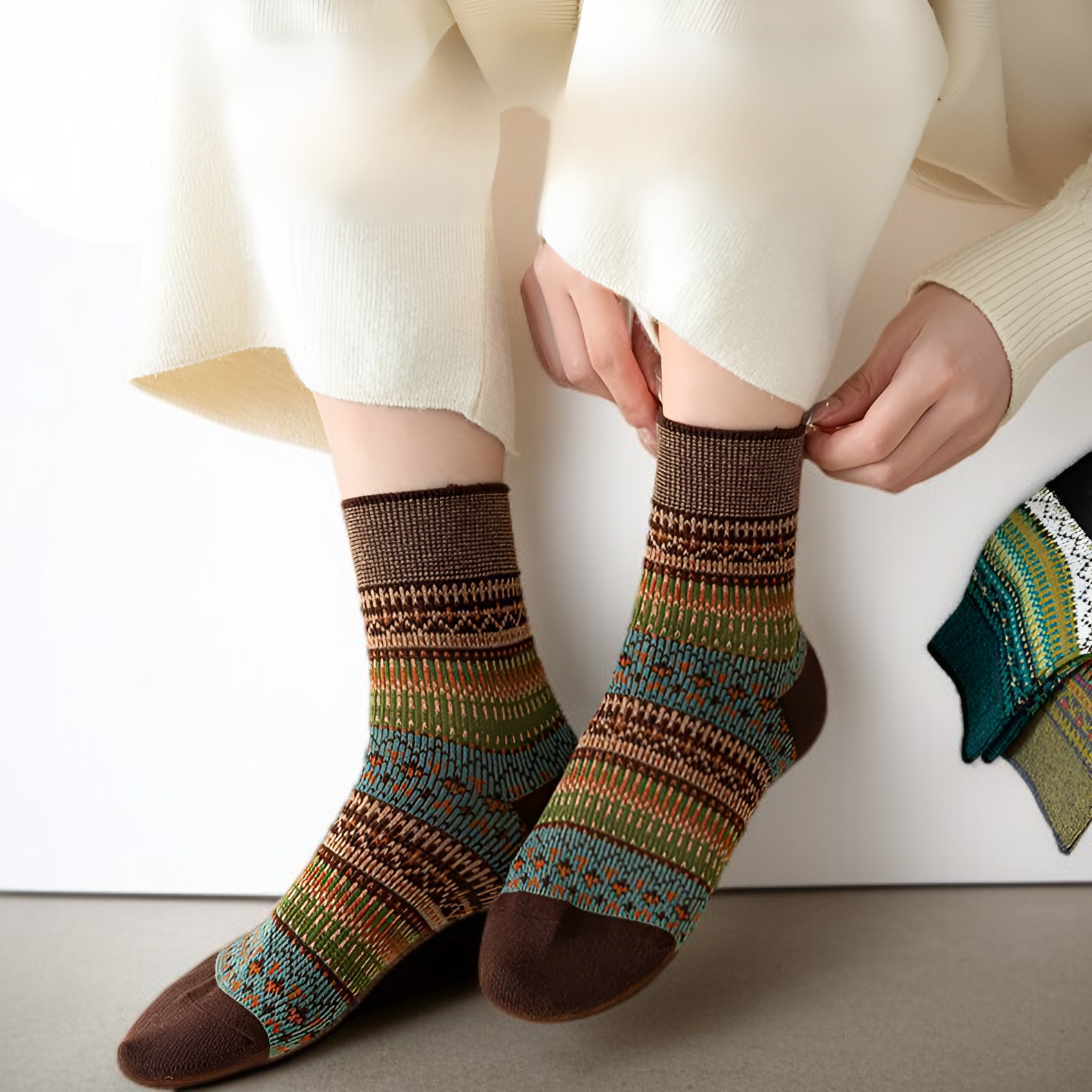 女士復古民族風中筒襪