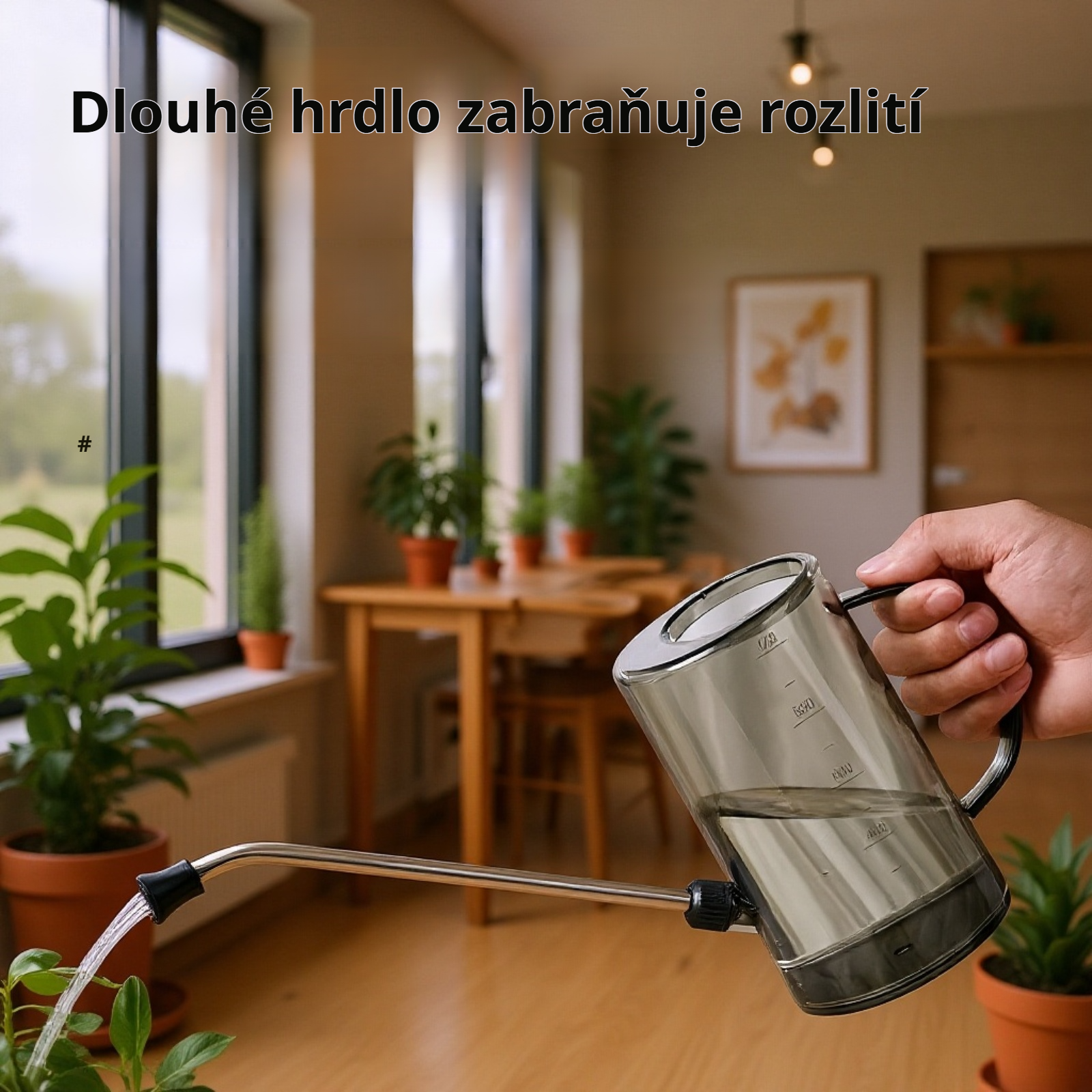 Nerezová konvička na zalévání s dlouhým hrdlem, průhledná s měřítkem, pro domácí zahradničení