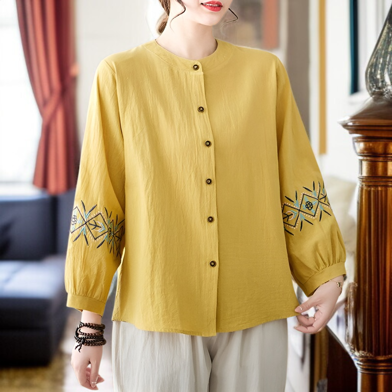 여성 자수 빈티지 긴팔 셔츠 루즈핏 빅사이즈 여성 빈티지 자수 셔츠 통풍 가을 긴팔 셔츠