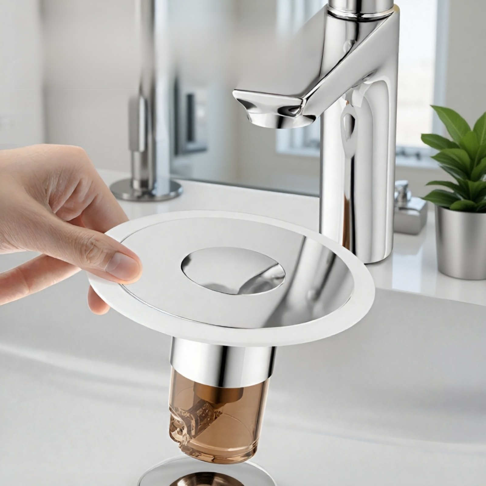 プッシュ式ステンレス洗面台排水プラグ バウンスコア 消臭ユニバーサルタイプ