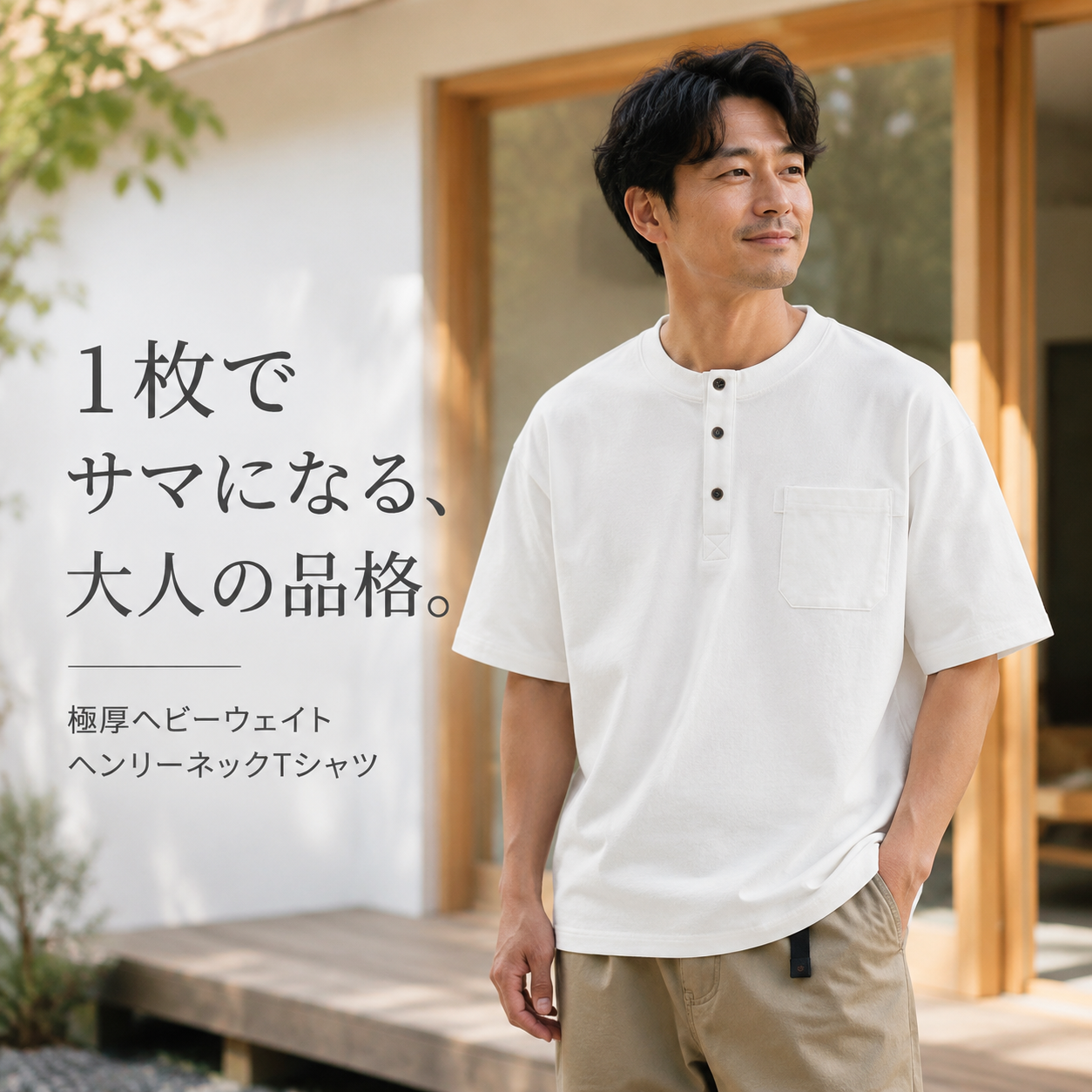 ゆったりヘンリーネックTシャツ メンズ夏用高級感インナー