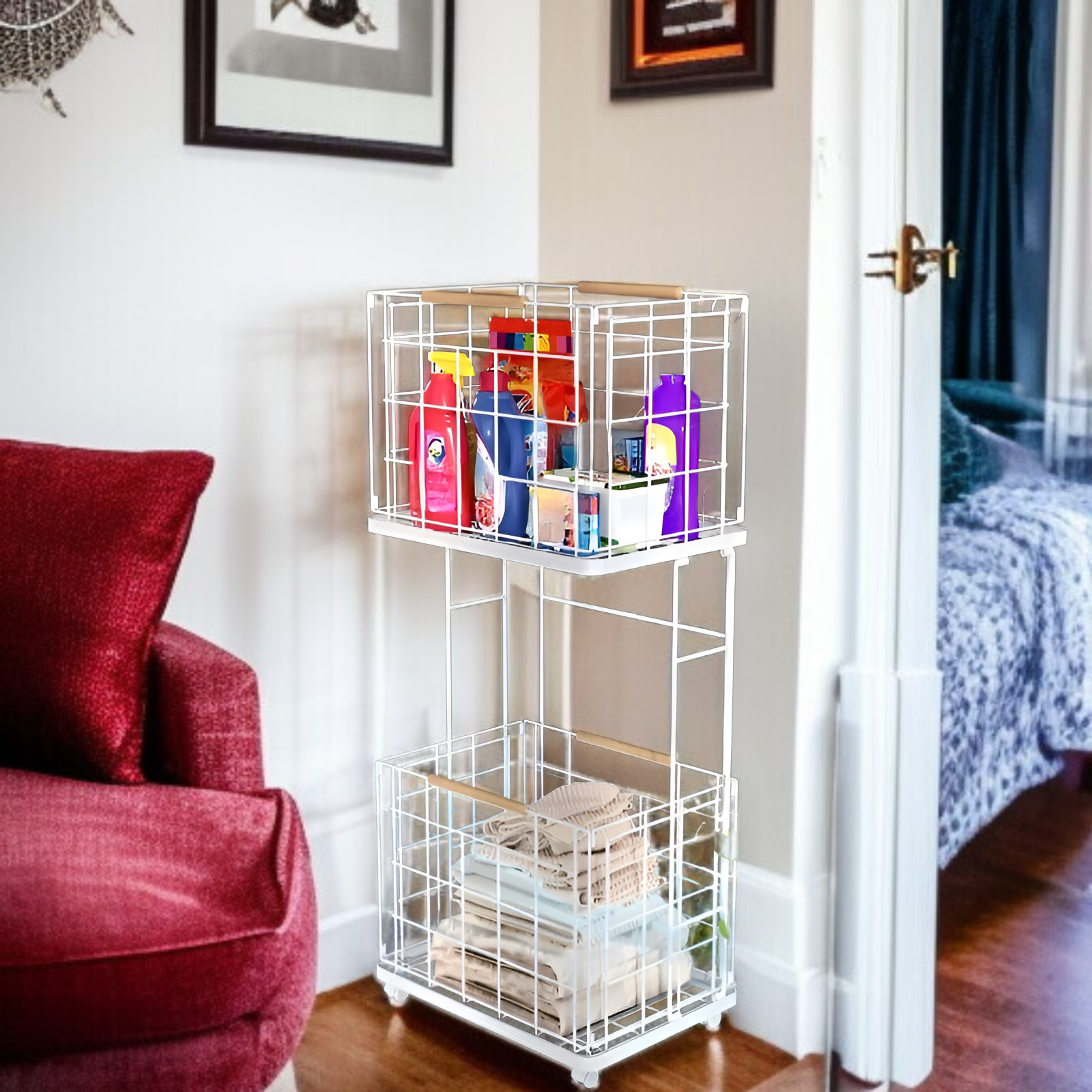 取り外し可能な汚れた衣類収納バスケット 北欧風ホーム 二層汚れた衣類バスケット 家庭用ラック バスルーム 取り外し可能な汚れた衣類収納バスケット ブルー 汚れた衣類