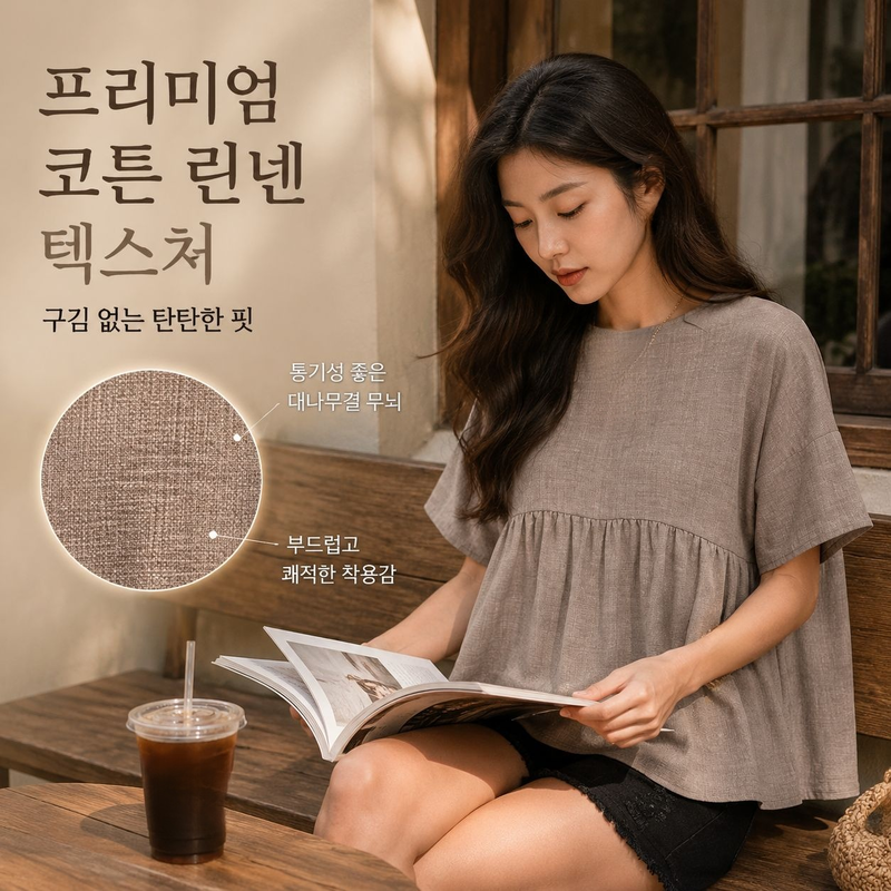 여성용 페이크 코튼 린넨 반팔 루즈핏 베이비돌 탑