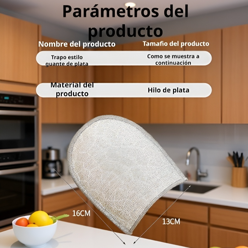 Guante de limpieza de doble cara con hilo plateado, no absorbe aceite