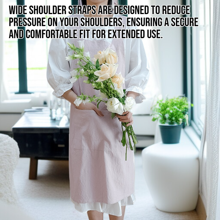 Simple style cotton and linen apron with wide shoulder straps and solid color.