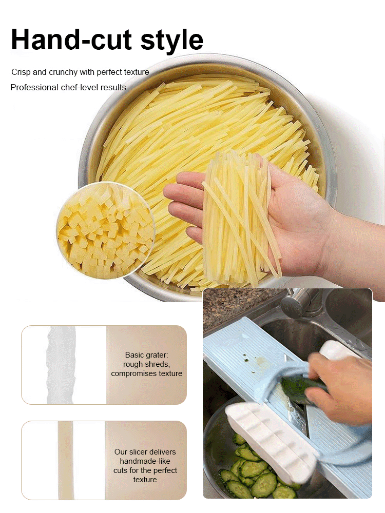 Essential kitchen tool: hand-safe vegetable slicer and shredder.
