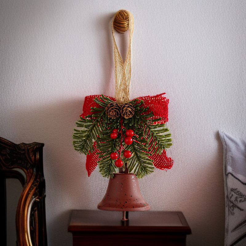 Metal Christmas Bell Ornament with Bow, Pine Needles, and Red Berries for Door 