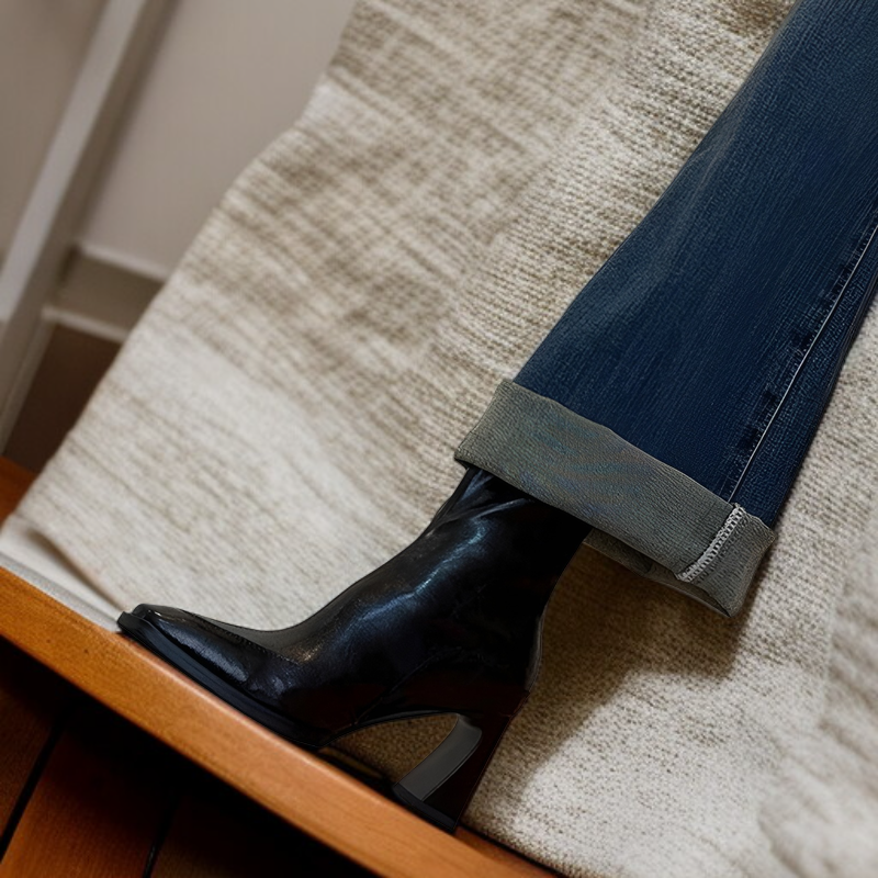 2025秋冬新作、黒色のフランス風太ヒールショートブーツ、ストレッチスリムブーツ、マーティンブーツ