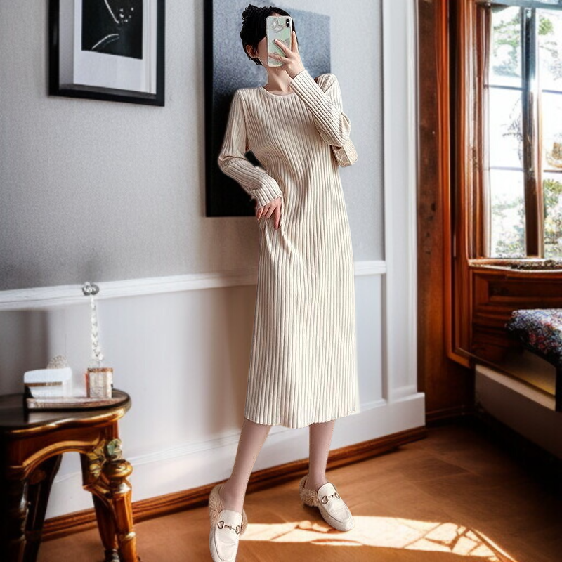 겨울 도톰 기모 레깅스 니트 원피스 슬릿 긴팔 라운드 이너 미디 일자 스커트