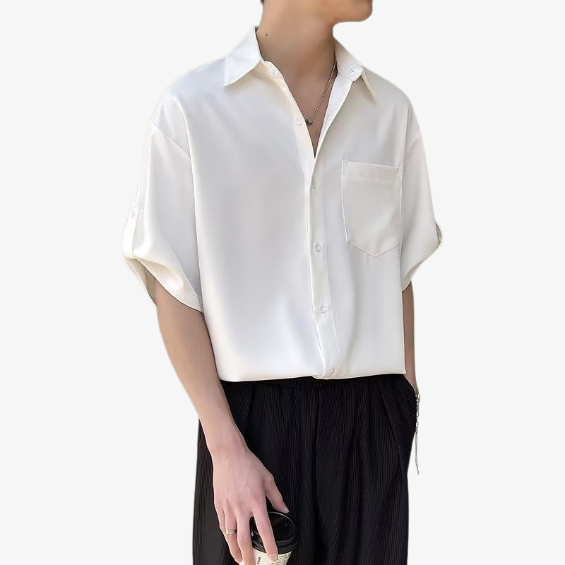 ビジネスダークグリーンメンズ半袖シャツノンアイロンルーズシャツドレープ半袖シャツ