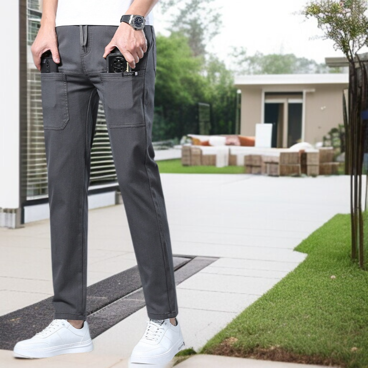 デニム風6ポケットバンドウエスト薄手カジュアルパンツ