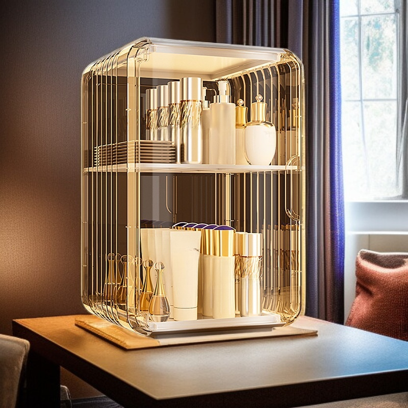 Clear acrylic cosmetic organizer holding lipsticks and masks