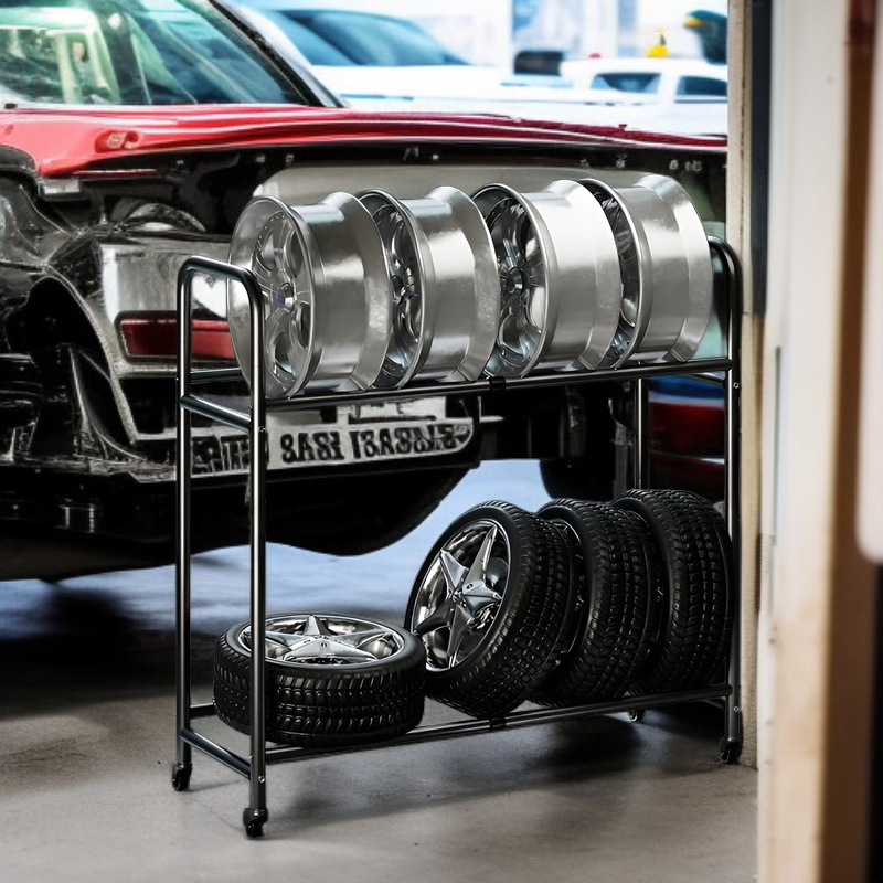 Estante de almacenamiento de neumáticos de dos niveles grande y ajustable en altura