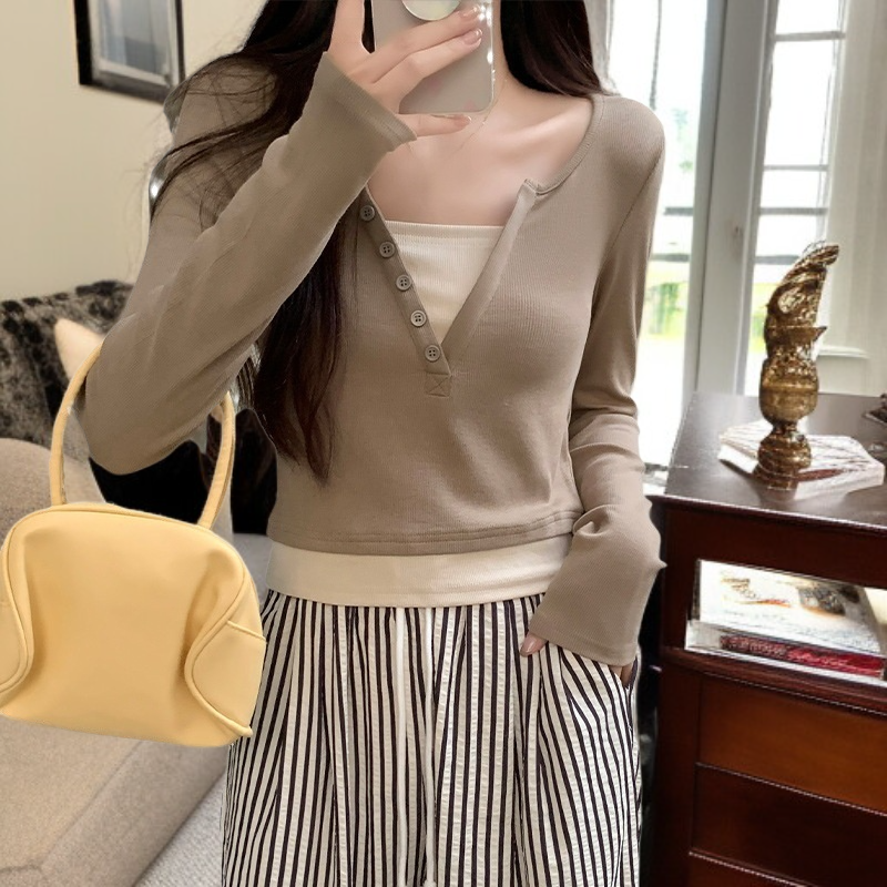 여성 페이크 투피스 슬림핏 긴팔 니트 쇼트 톱