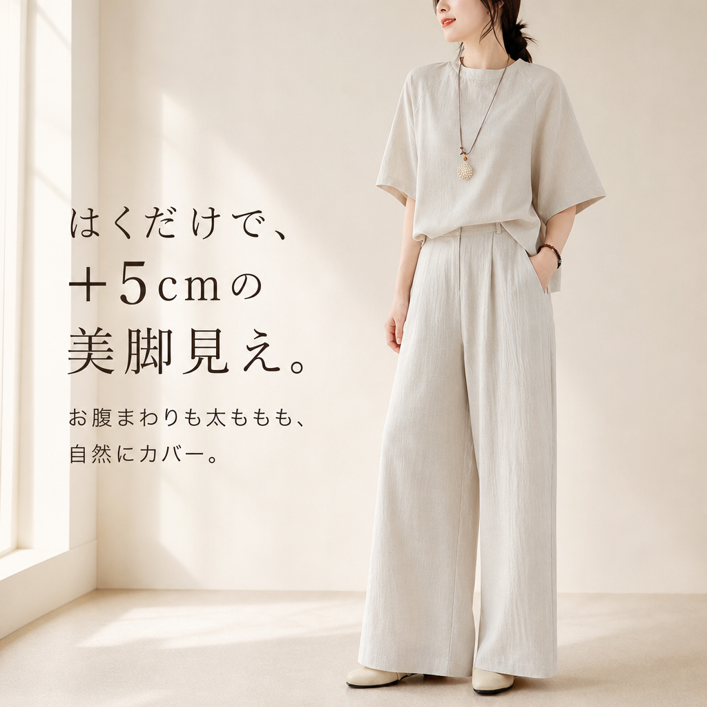 夏の快適ワイドパンツセット（半袖トップス＋ハイウエストパンツ）