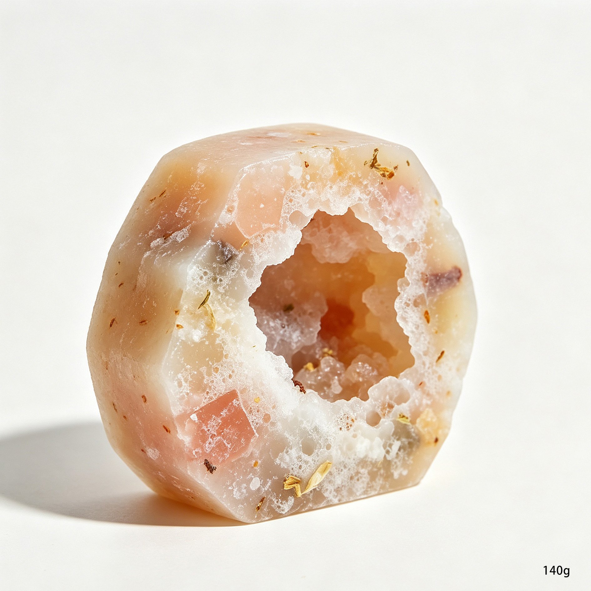 Close-up of geode scented soap with rose quartz and flower detail