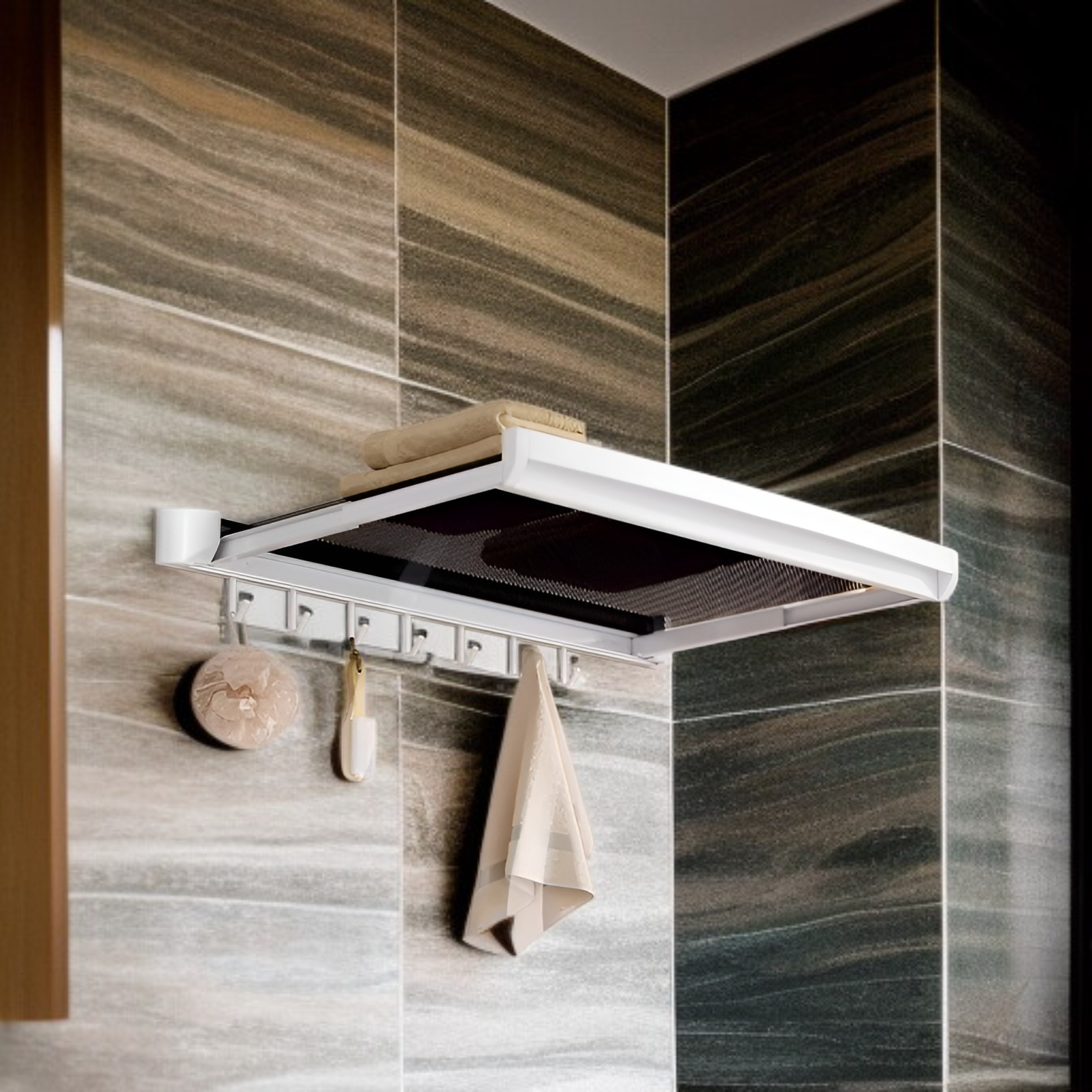 ชั้นวางของในห้องน้ำแบบติดผนัง พับเก็บได้ พร้อมตะขอเกี่ยว