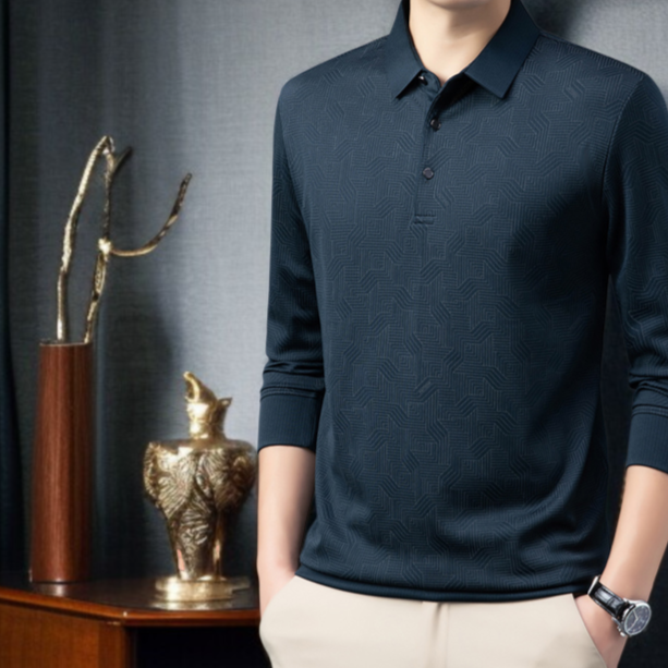 중년 남성 캐주얼 레깅스 긴팔 자카드 캐주얼 셔츠 실크 터틀넥 레깅스