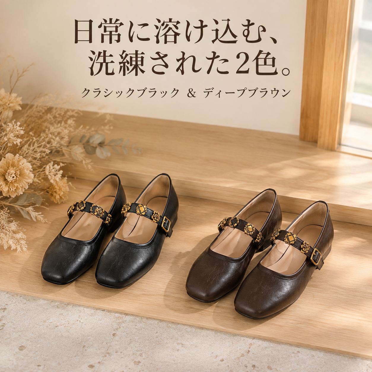 新作レディース牛革ソフトソール花飾りメリージェーンシューズ
