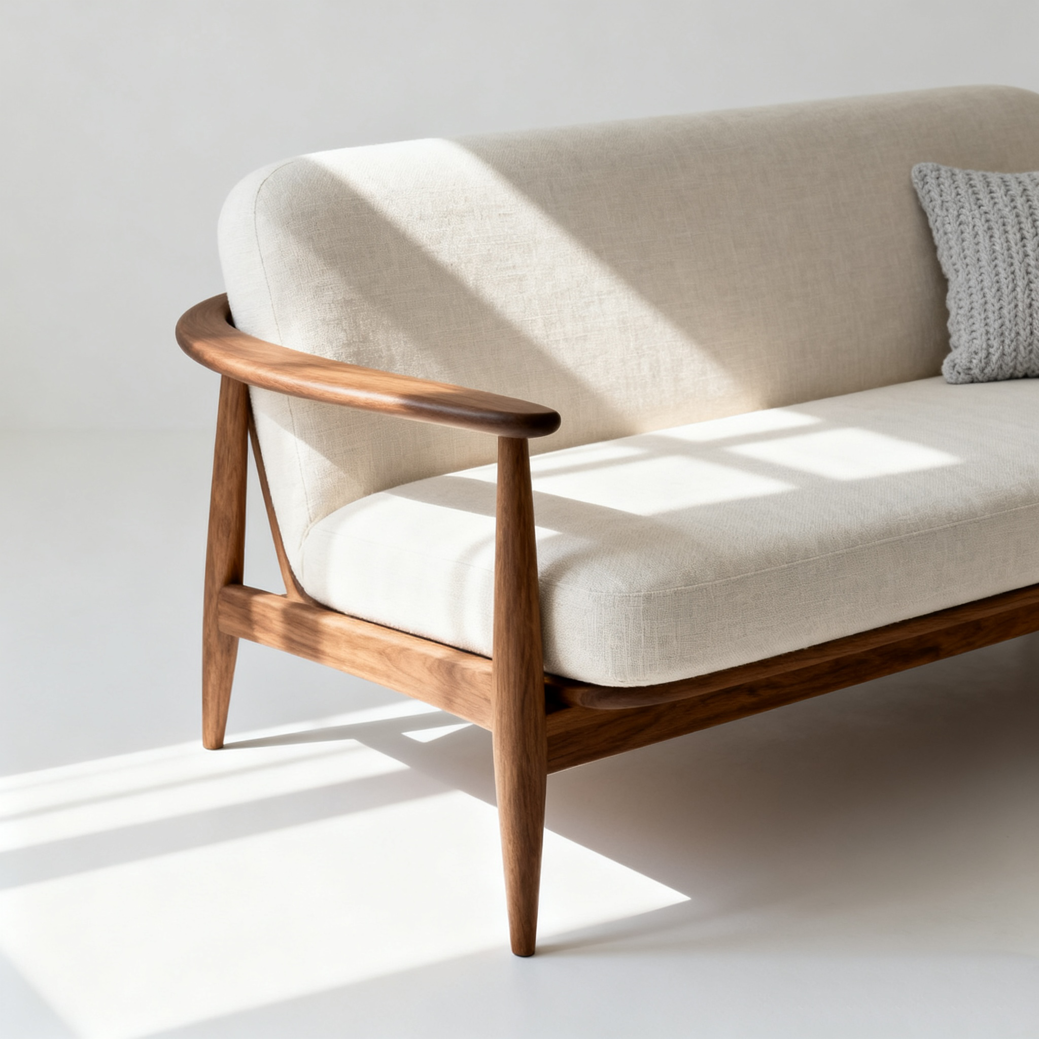 Sofá para dos personas blanco con base de madera y cojín suave //