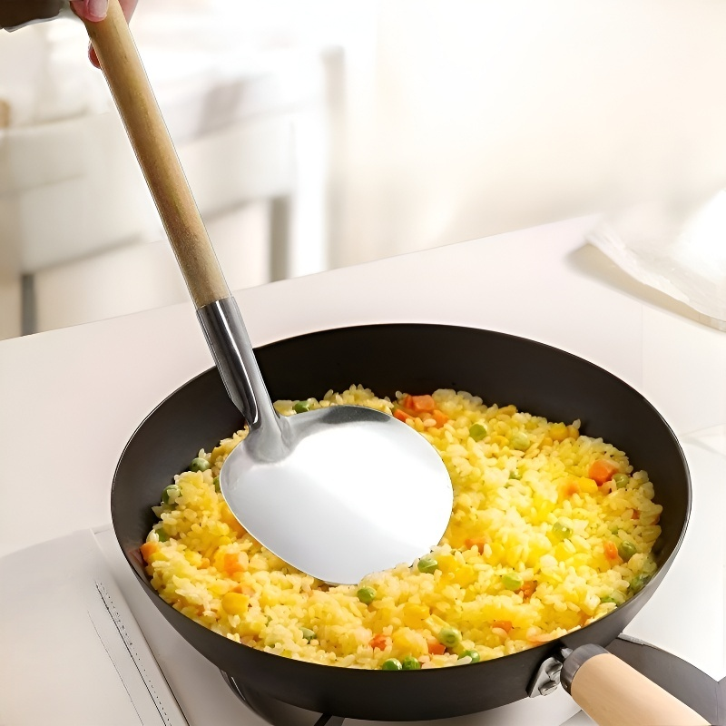 Solid Wood Handle Nonstick Pan Round Stir-fry & Turner Spatula