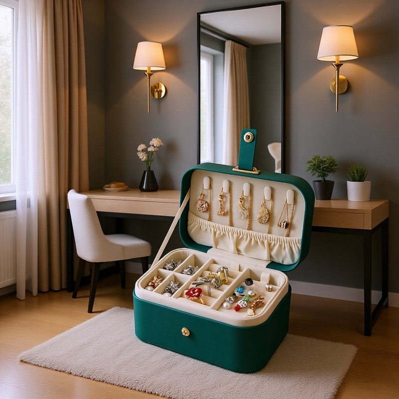 Kompakte 2-lagige Schmuckbox auf Reisegepäck